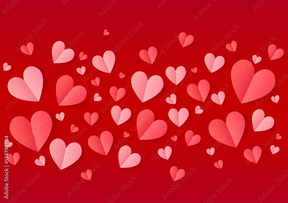 Pink and red vector folded paper hearts line on purple background Stock