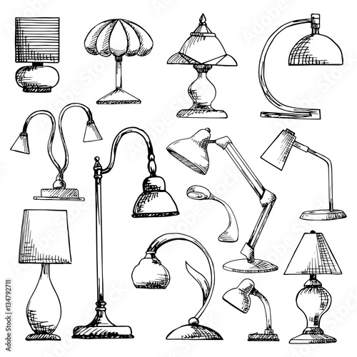 Set lamps isolated on white background. Vector illustration in a sketch style.