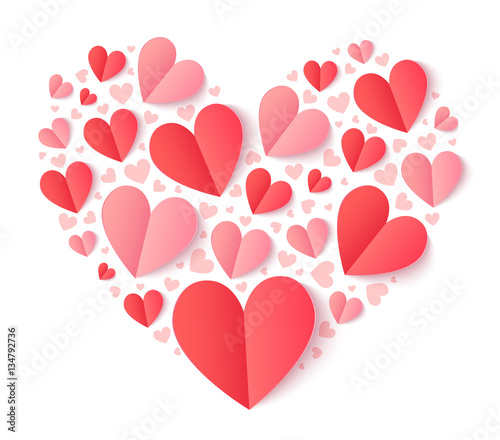 Vector heart shape filled with folded paper red and pink hearts