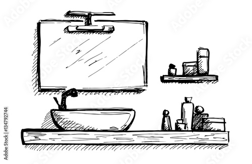 Hand drawn sketch. Linear sketch of an interior. Part of the bathroom. Vector illustration.