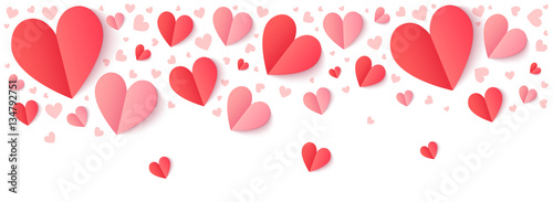 Red and pink paper hearts with shadow, Valentines Day vector border