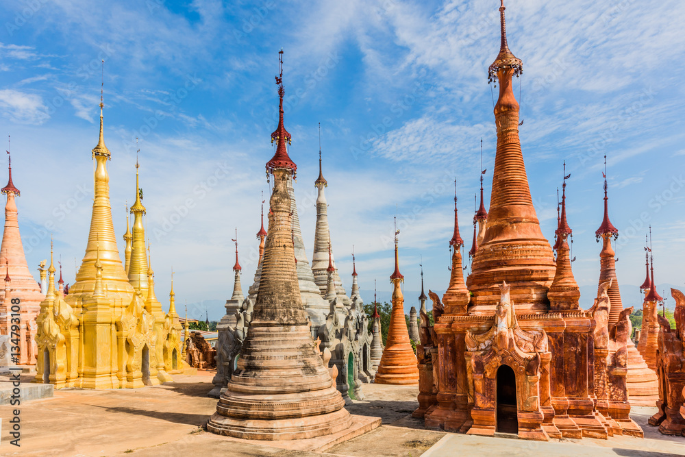 stupas of the Shwe Inn Dein Pagoda at Inle Lake Shan state in Myanmar