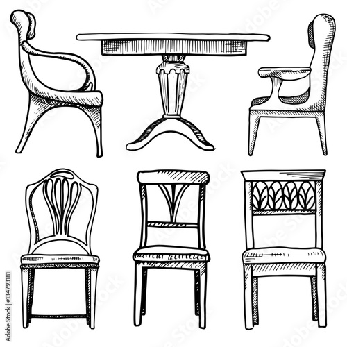 Sketch set isolated furniture. Different chairs and tables. Linear black furniture on a white background. Vector illustration.