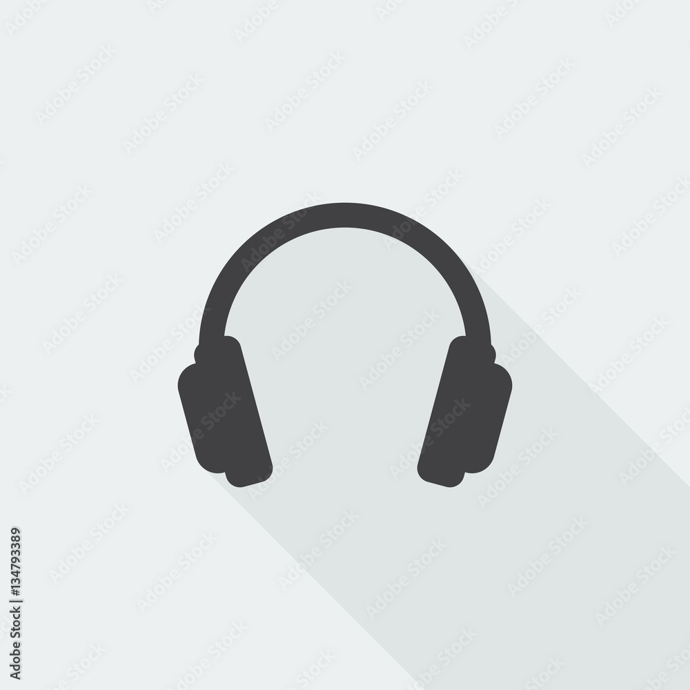 Black flat Headphones icon with long shadow on white background Black flat Headphones icon with long shadow on white background