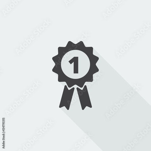 Black flat Prize Ribbon icon with long shadow on white backgroun