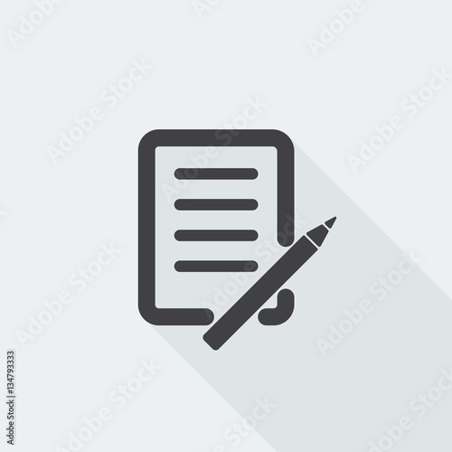 Black flat Pen And Paper icon with long shadow on white backgrou