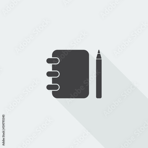 Black flat Note Book icon with long shadow on white background