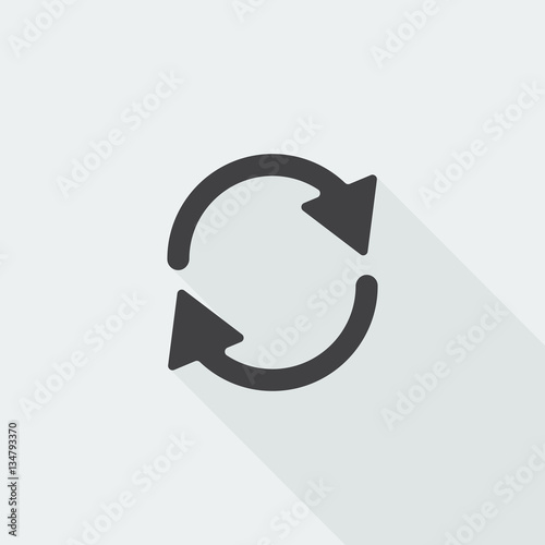 Black flat Refresh icon with long shadow on white background