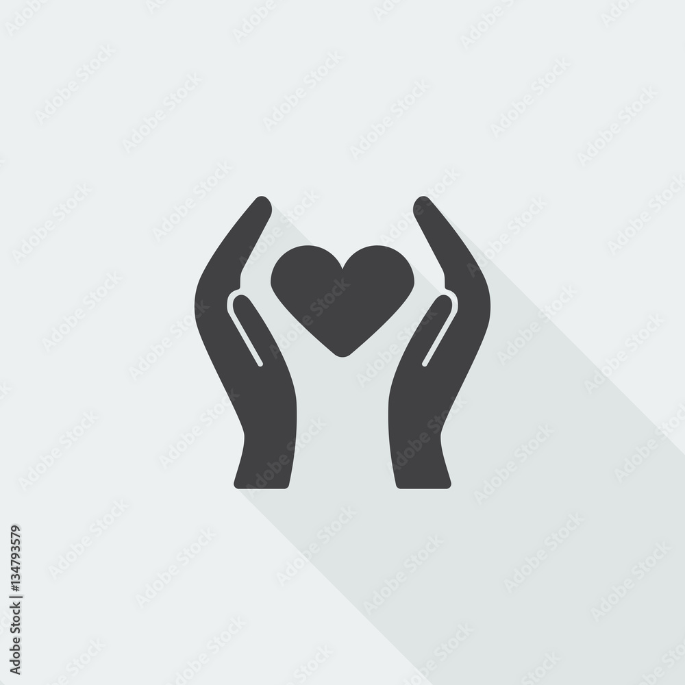 Black flat Heart care icon with long shadow on white background Black flat Heart care icon with long shadow on white background