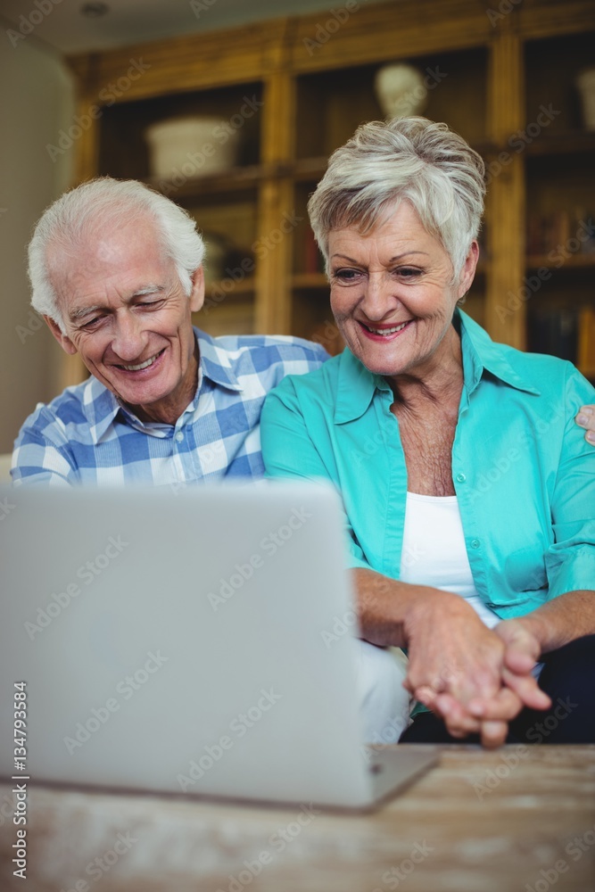 Senior couple using laptop in living room Senior couple using laptop in living room