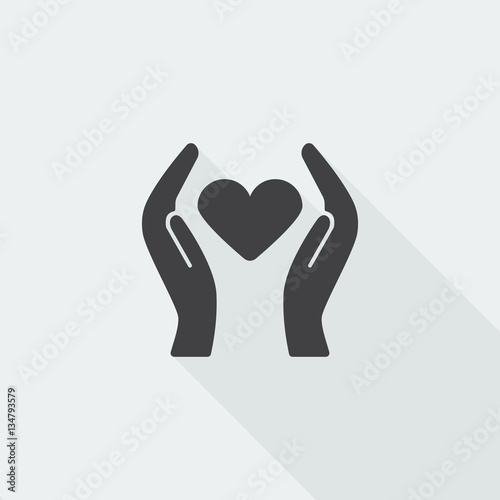 Black flat Heart care icon with long shadow on white background