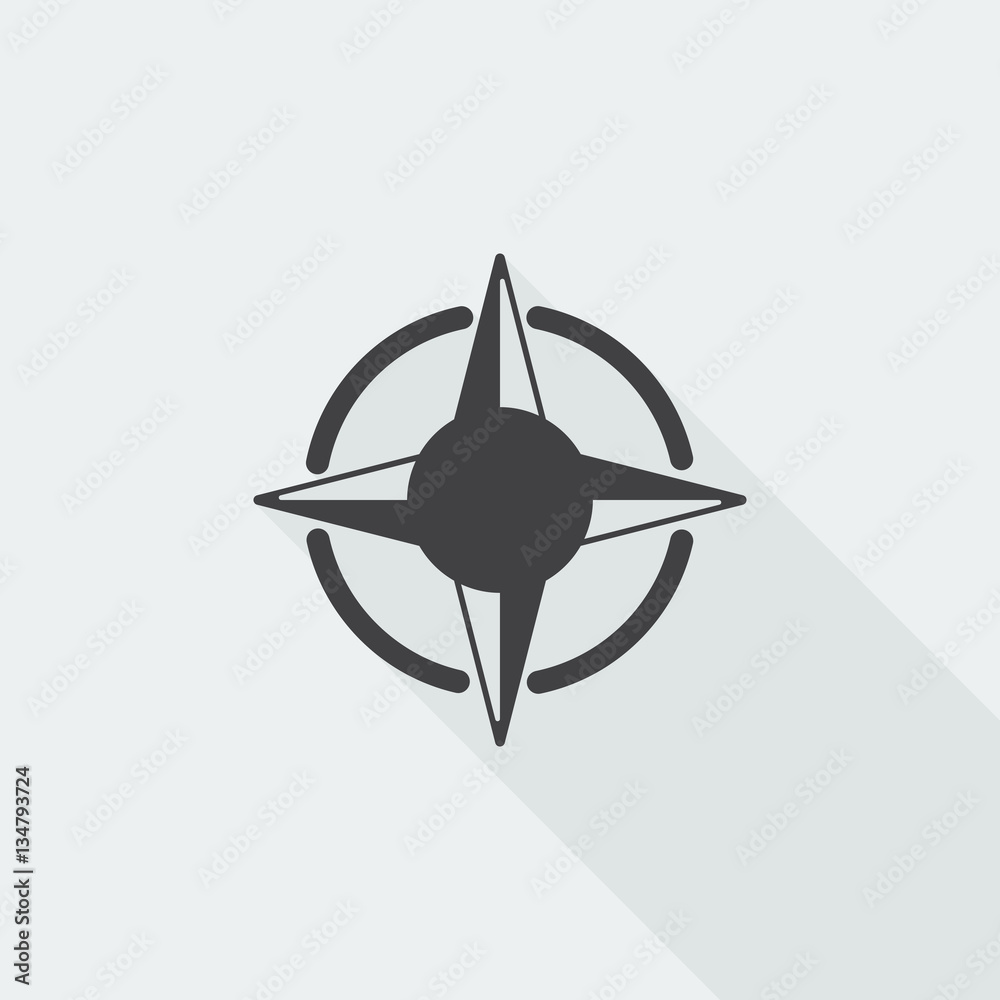Black flat Compass Rose icon with long shadow on white backgroun