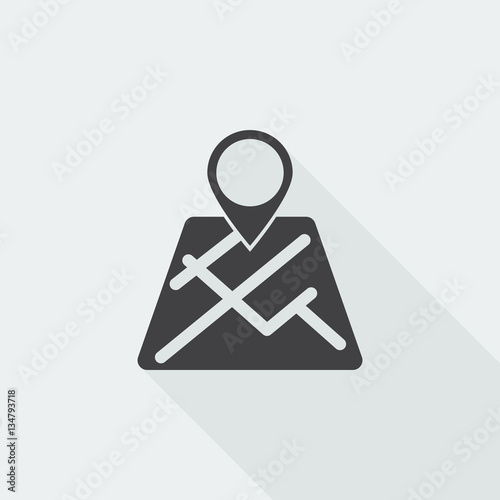 Black flat Map Pointer icon with long shadow on white background
