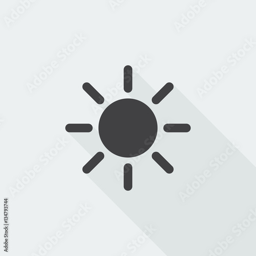 Black flat Sun icon with long shadow on white background