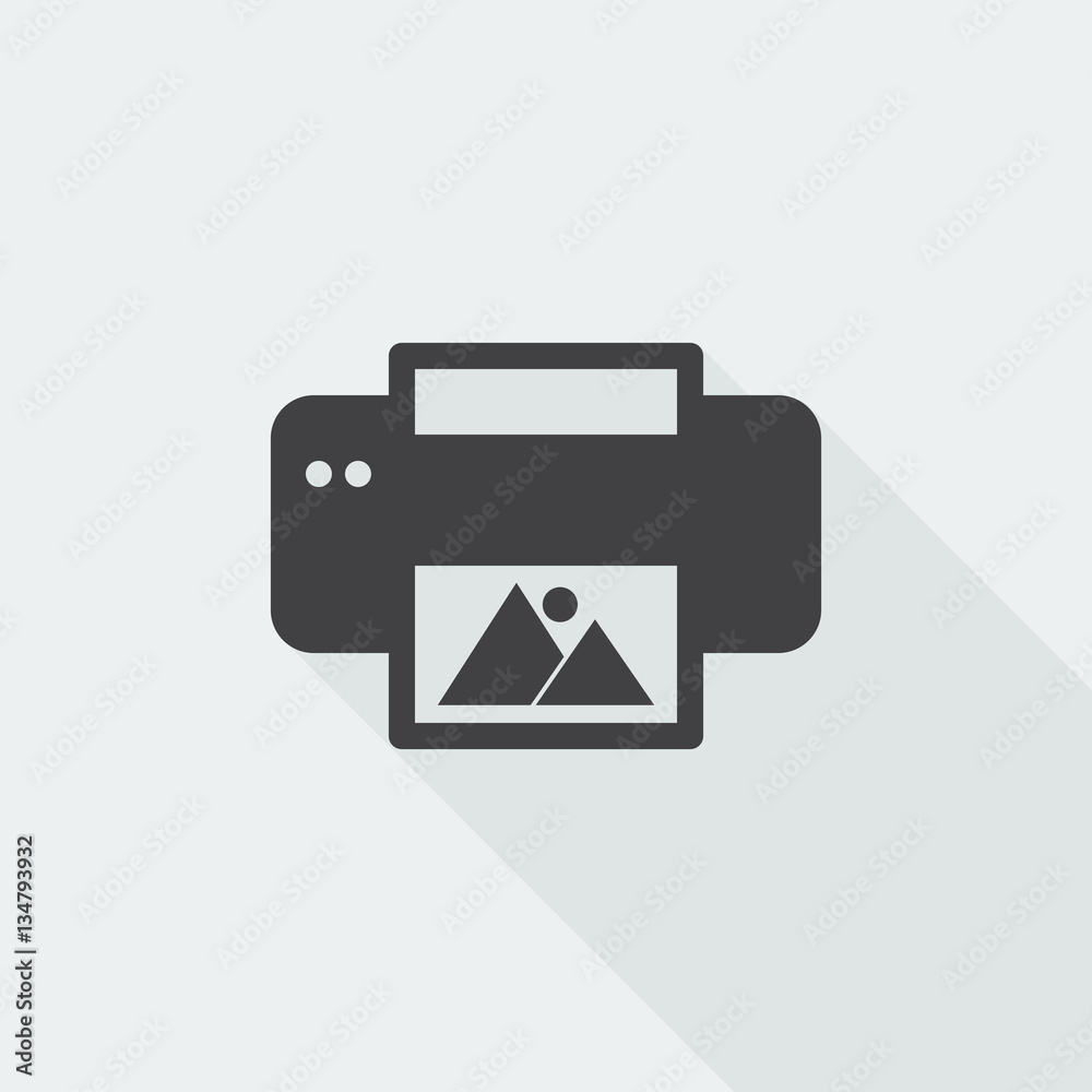 Black flat Photo Printing icon with long shadow on white backgro Black flat Photo Printing icon with long shadow on white backgro