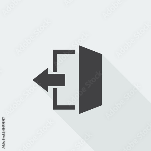 Black flat Exit icon with long shadow on white background