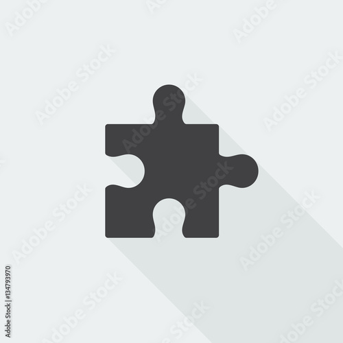 Black flat Puzzle icon with long shadow on white background