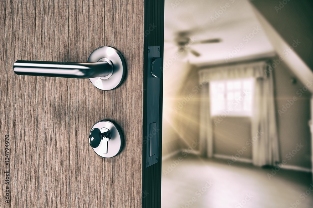 Composite image of brown door with doorknob and key - obrazy, fototapety, plakaty 