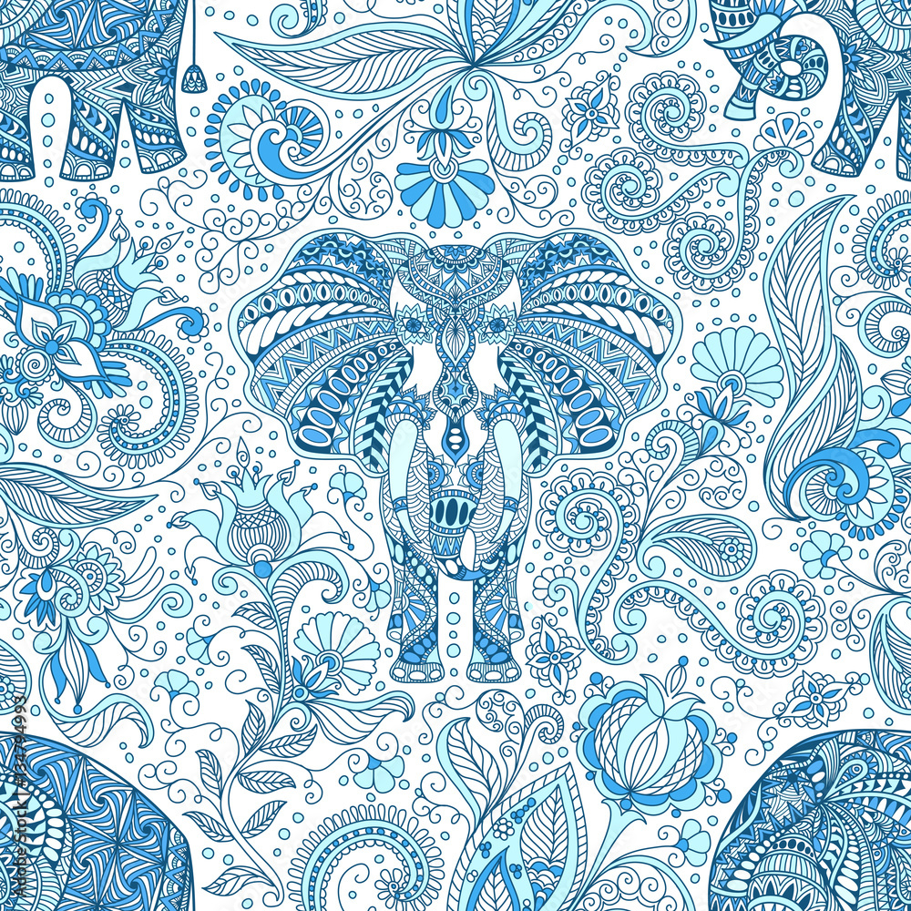 vector seamless background, hand-drawn blue tattoo doodle pattern with ...