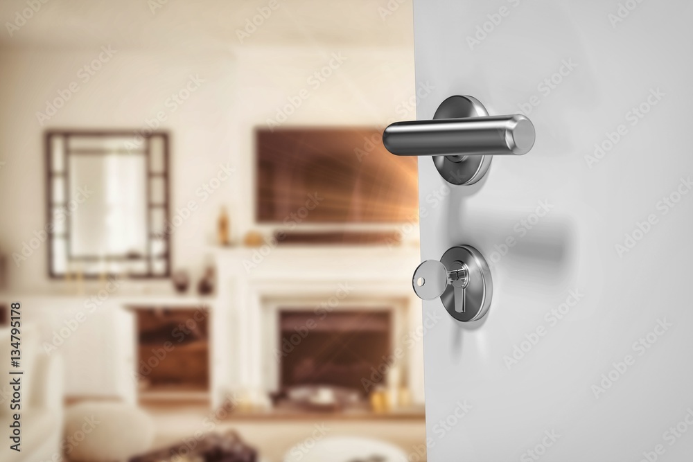 Composite image of closeup of doorknob and lock with key - obrazy, fototapety, plakaty 