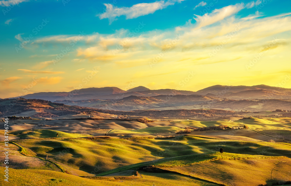 Volterra winter panorama, rolling hills. Tuscany, Italy.