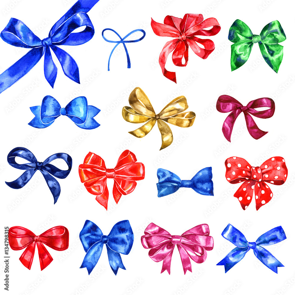Set of hand drawn watercolor holiday elements with satin bows.