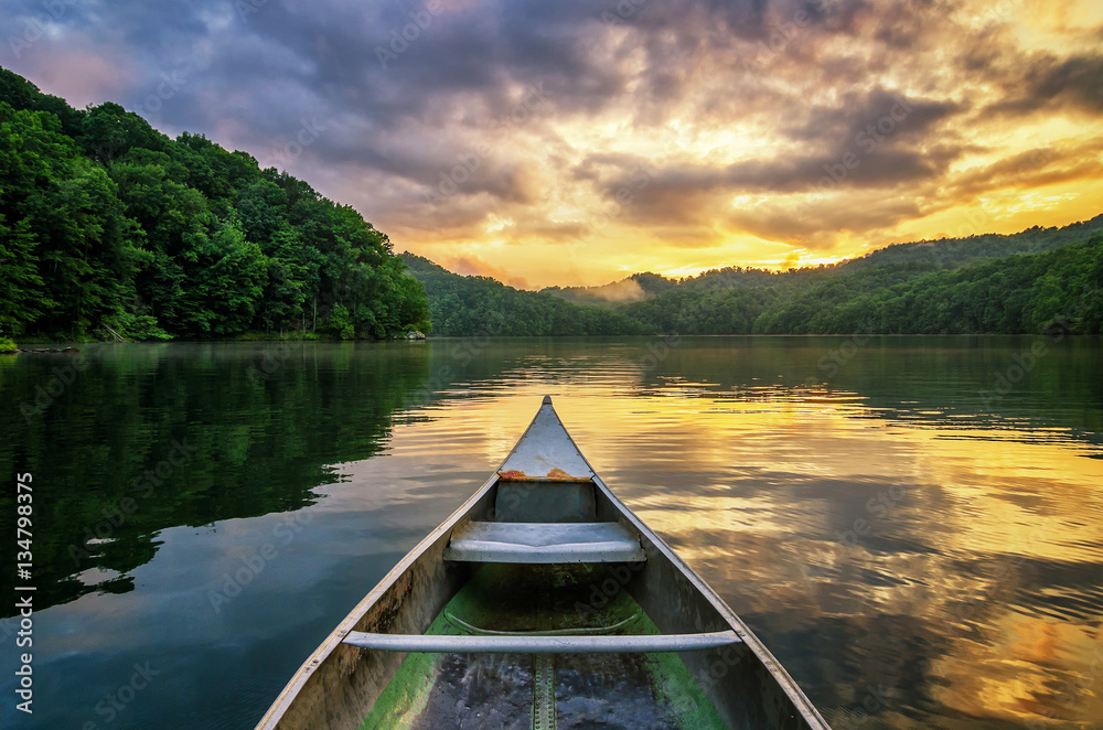 Summer sunset, mountain lake, aluminum canoe - obrazy, fototapety, plakaty 