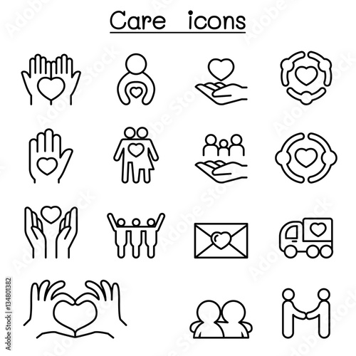 Care, Charity, Kindness icon set in thin line style