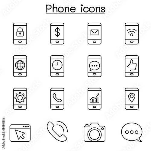 Smart Phone & Basic Application icon set in thin line style