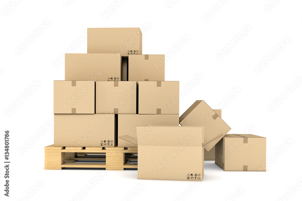 Rendering of several carton boxes stacked evenly on a double-decked pallet Rendering of several carton boxes stacked evenly on a double-decked pallet
