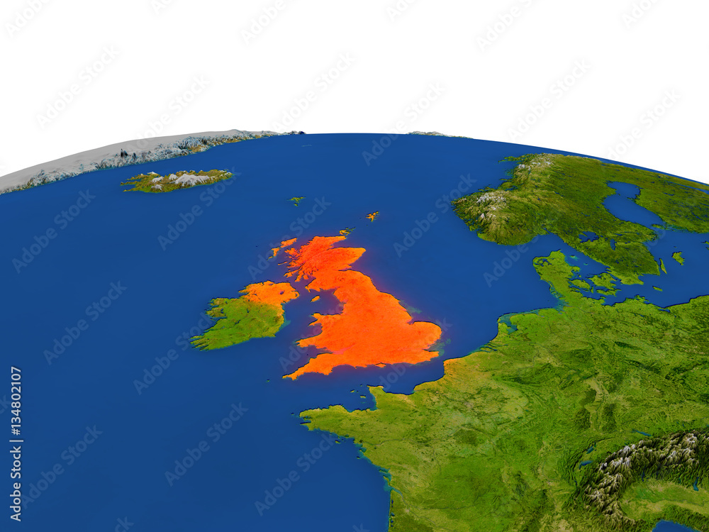United Kingdom in red from orbit