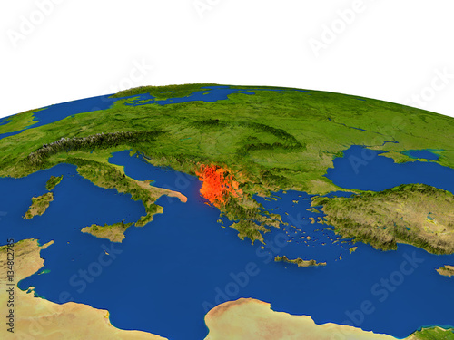 Albania in red from orbit