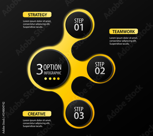  3 options, steps or processes 3D digital illustration Infographic and marketing icons vector can be used for workflow layout, diagram, annual report, web design in black and yellow color