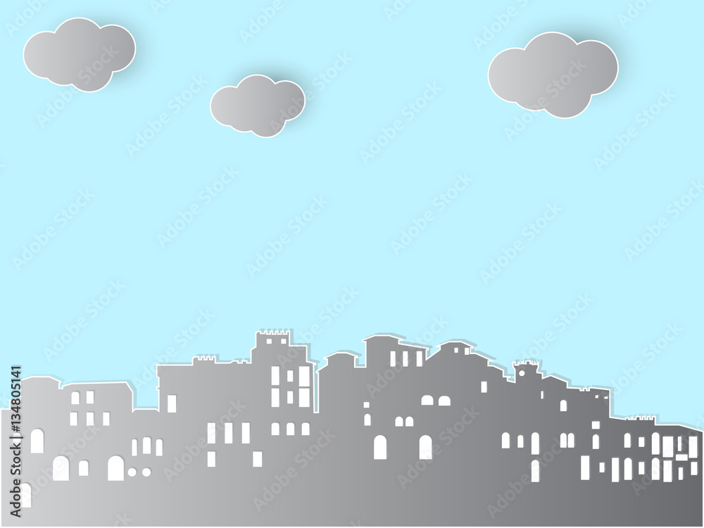Downtown cityscape with cloud. Paper art style.