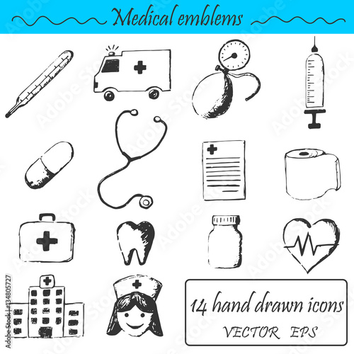 A set 14 medical icons. This emblem is drawn with a pencil.