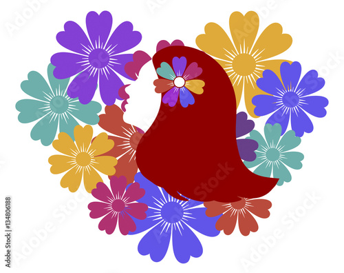 Heart of flowers with the profile of woman