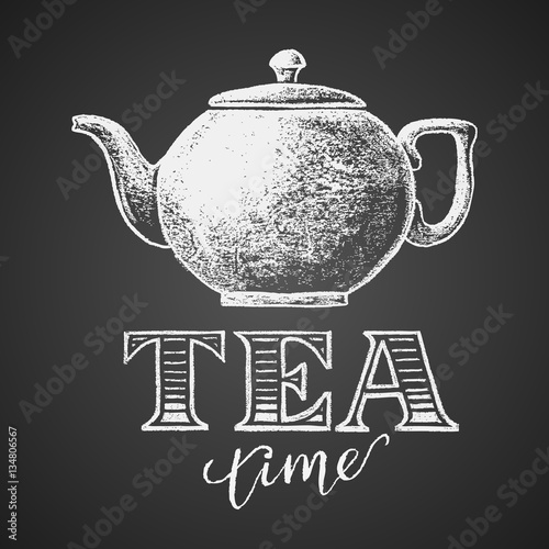 Teapot drawn on chalkboard with Tea Time lettering