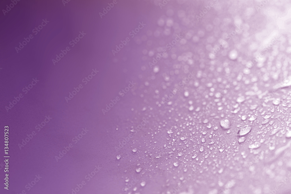 Close up the rain water drops on purple sponge surface 
