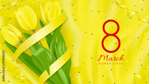 Greeting card with yellow tulips. 8 March - International Women's Day. Background with flowers and satin ribbons on silk fabric. Vector illustration with confetti.