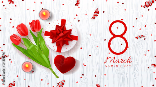 Greeting card for Women's Day. Top view on composition with red tulips, gift box, case for ring, candles and confetti. Vector illustration with serpentine on wooden texture.