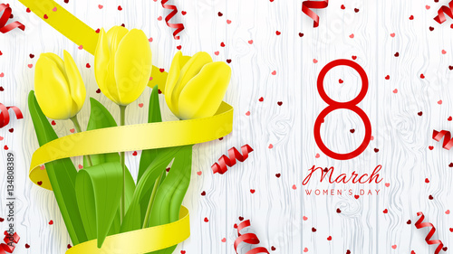 Greeting backdrop with yellow tulips. 8 March - International Women's Day. Background with flowers and satin ribbons on wooden texture. Vector illustration with confetti.