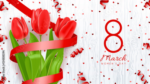 Greeting banner with red tulips. 8 March - International Women's Day. Background with flowers and satin ribbons on wooden texture. Vector illustration with confetti.