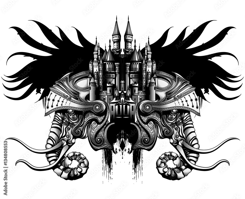 Obraz premium the elephant in the helmet fused with medieval castle