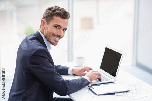 Portrait of a businessman using laptop at desk