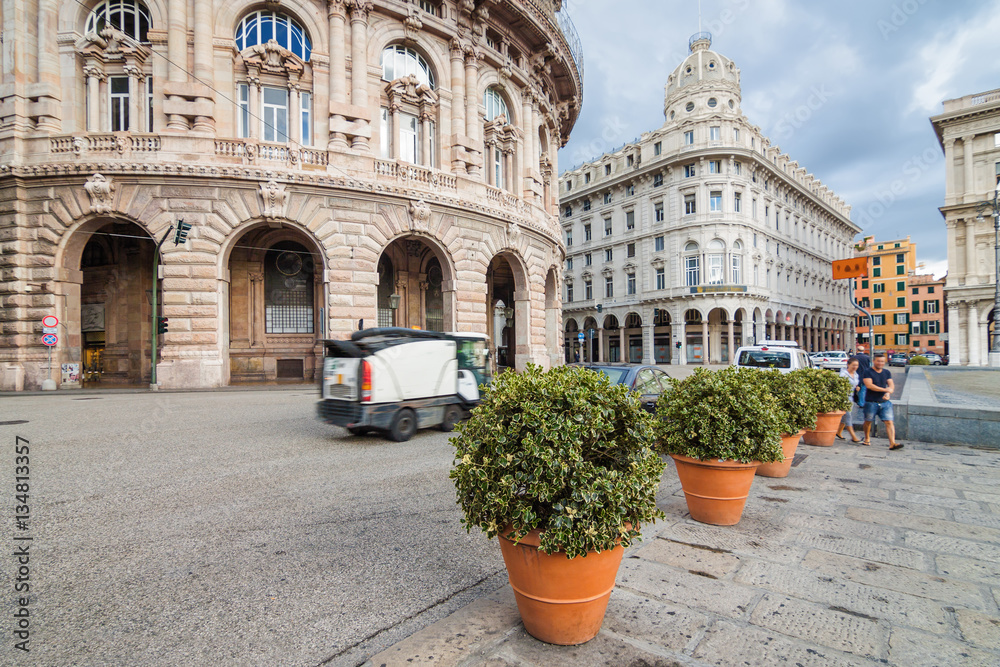 Piazza de Ferrari - main square of Genova between historical and modern center, Liguria region, Italy.