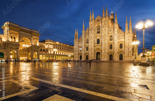 Twilight view of Cathedral, Vittorio Emanuele II Gallery and piazza del Duomo in Milan, Lombardia region, Italy.