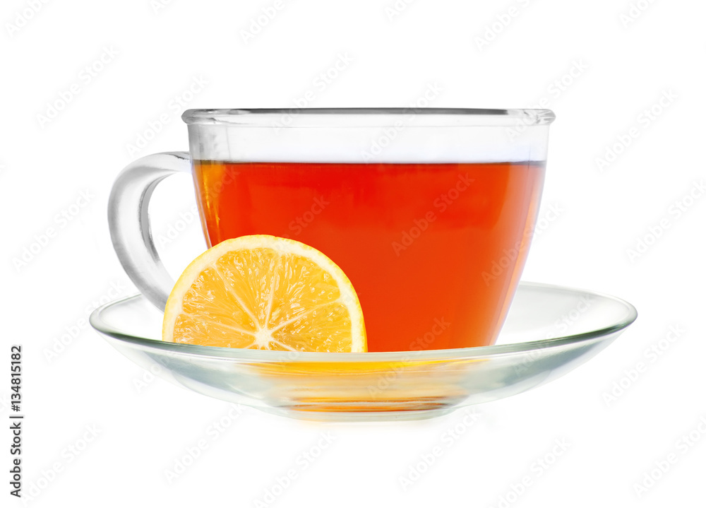 Glass cup tea with lemon slice isolated on a white background Glass cup tea with lemon slice isolated on a white background