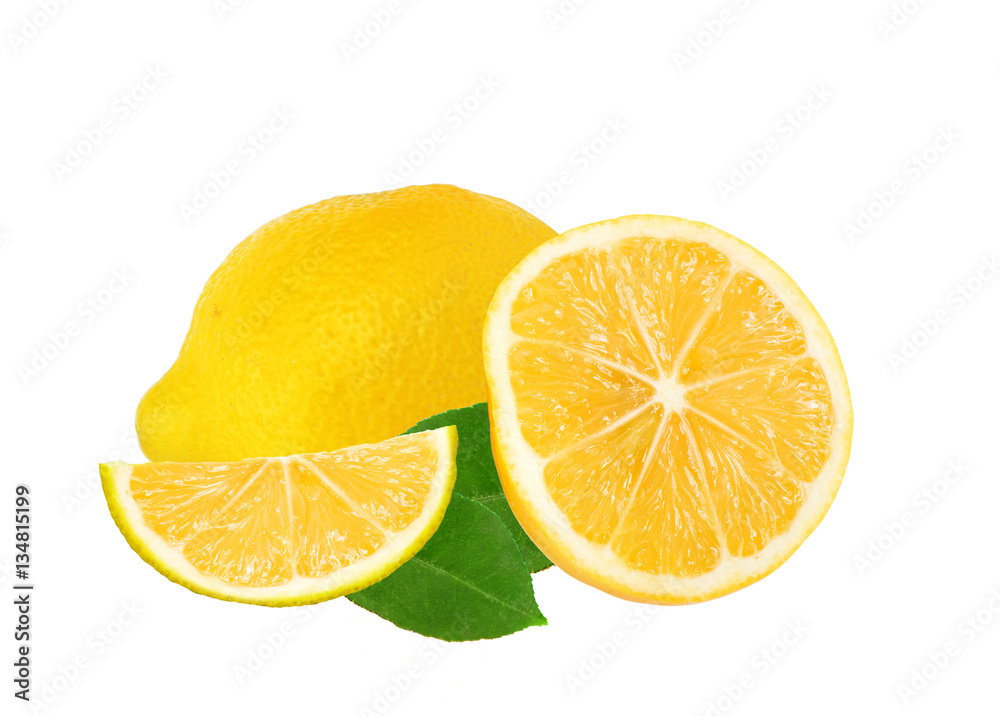 Fresh juicy lemon with green leaf isolated on white background