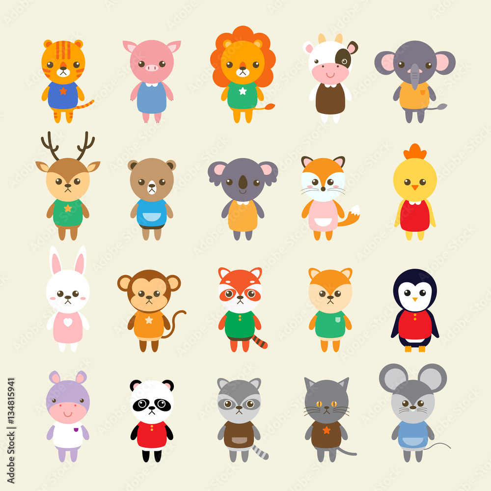 Set of animals cartoon vector illustration. A collection of small lovely and funny animals logo, icons or mascots. Little animals in the children's book character style.