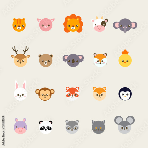 Fototapeta Naklejka Na Ścianę i Meble -  Set of animals cartoon vector illustration. A collection of small lovely and funny animals logo, icons or mascots. Little animals in the children's book character style.